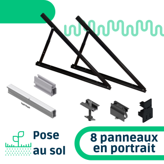 Kit de fixation pose au sol inclinaison réglable pour une rangée de 8 panneaux en portrait