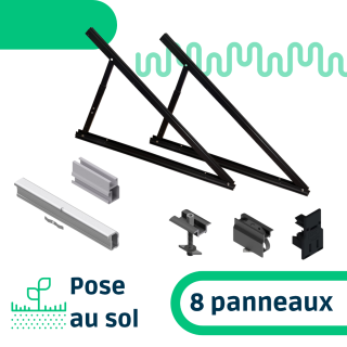 Kit de fixation pose au sol inclinaison réglable pour une rangée de 8 panneaux en portrait